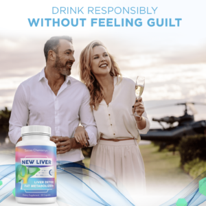 Drink Responsibly Without Feeling Guilt - Success Chemistry New Liver. The image features a couple enjoying a drink with a bottle of New Liver supplement, emphasizing the product's support for fat metabolism, digestive enzymes, and liver detoxification.