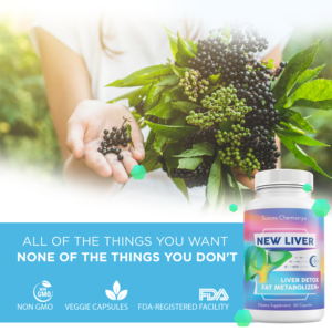 Success Chemistry New Liver - Liver Detox and Fat Metabolizer. The image shows a bottle of the supplement with a fresh bundle of elderberries, highlighting the natural ingredients and the product benefits of non-GMO, veggie capsules, and FDA-registered facility production.