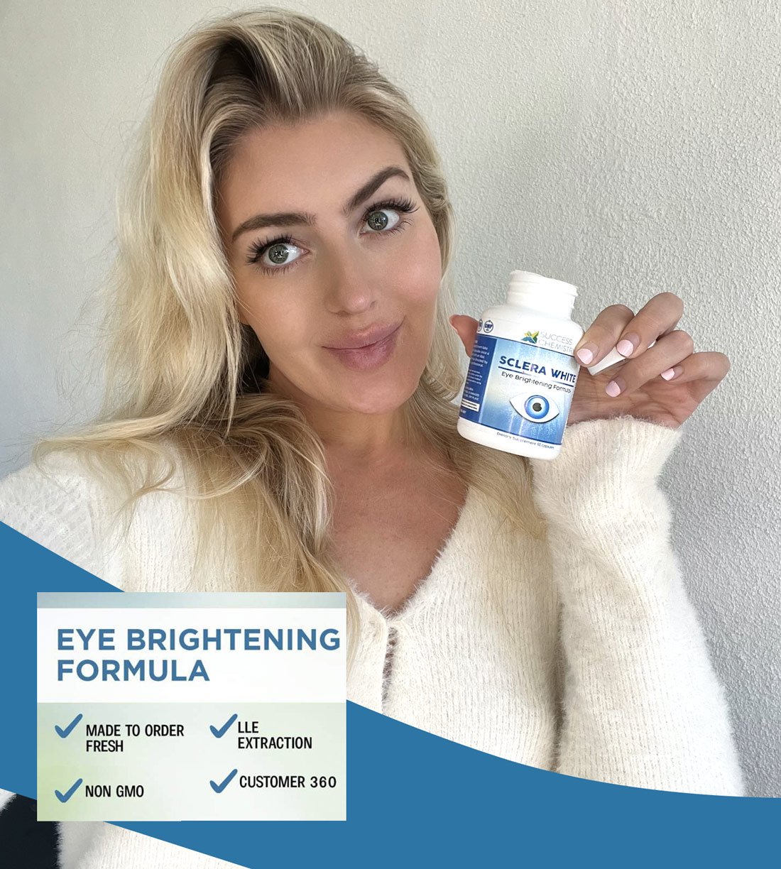 Buy 2 Sclera White bottles, a non-GMO eye brightening formula, capsules visible.